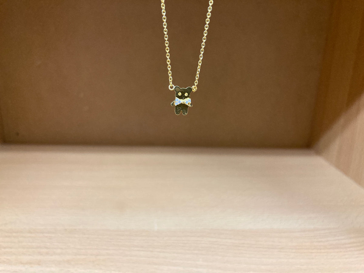 Tiny Treasures Seoul - Teddy Bear Stone Ribbon Necklace (Gold) 3