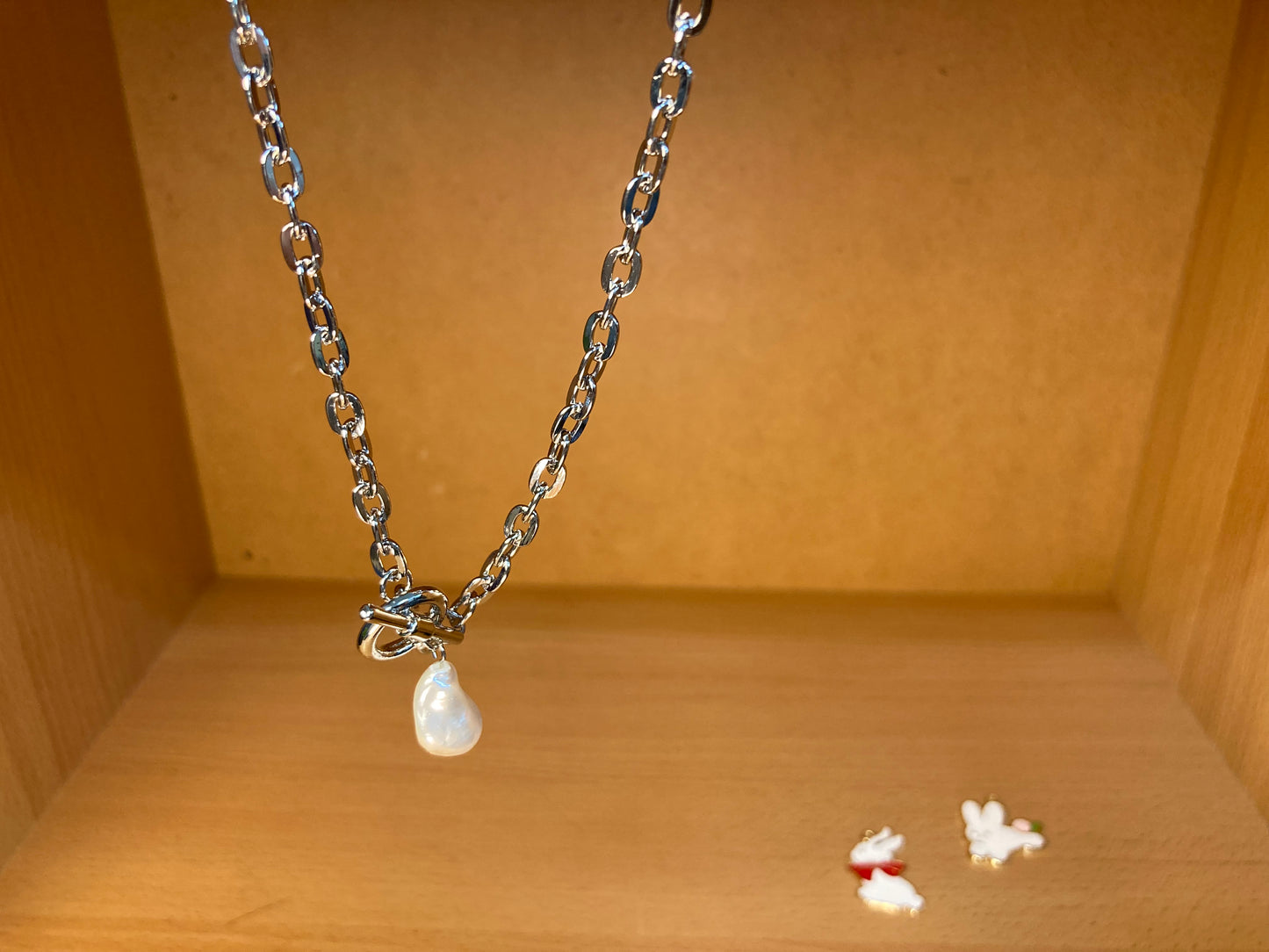 Tiny Treasures Seoul - Toggle Pearl Chain Necklace (16K White Gold Plated, Brass, Imitation Pearl)