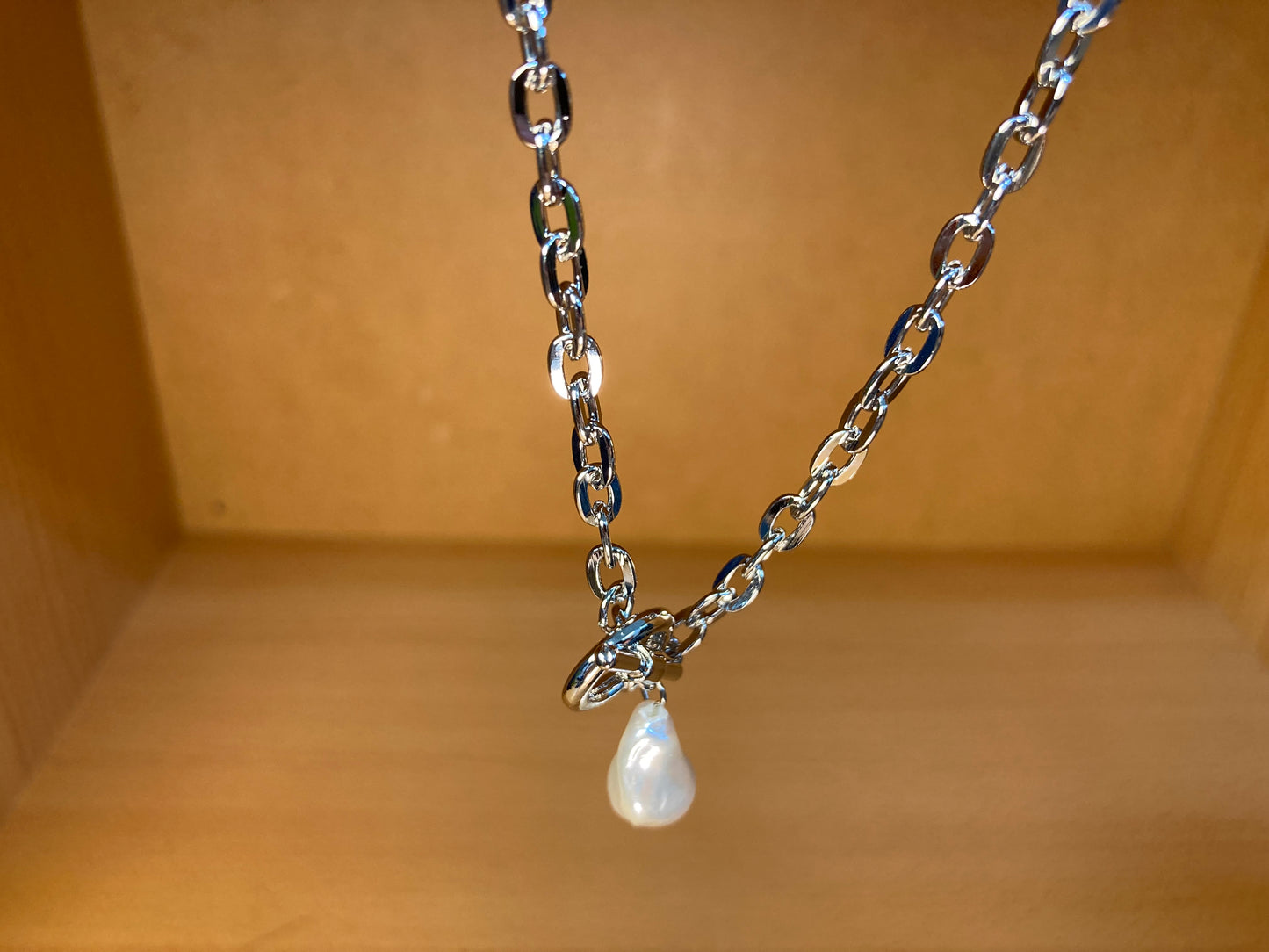 Tiny Treasures Seoul - Toggle Pearl Chain Necklace (16K White Gold Plated, Brass, Imitation Pearl)
