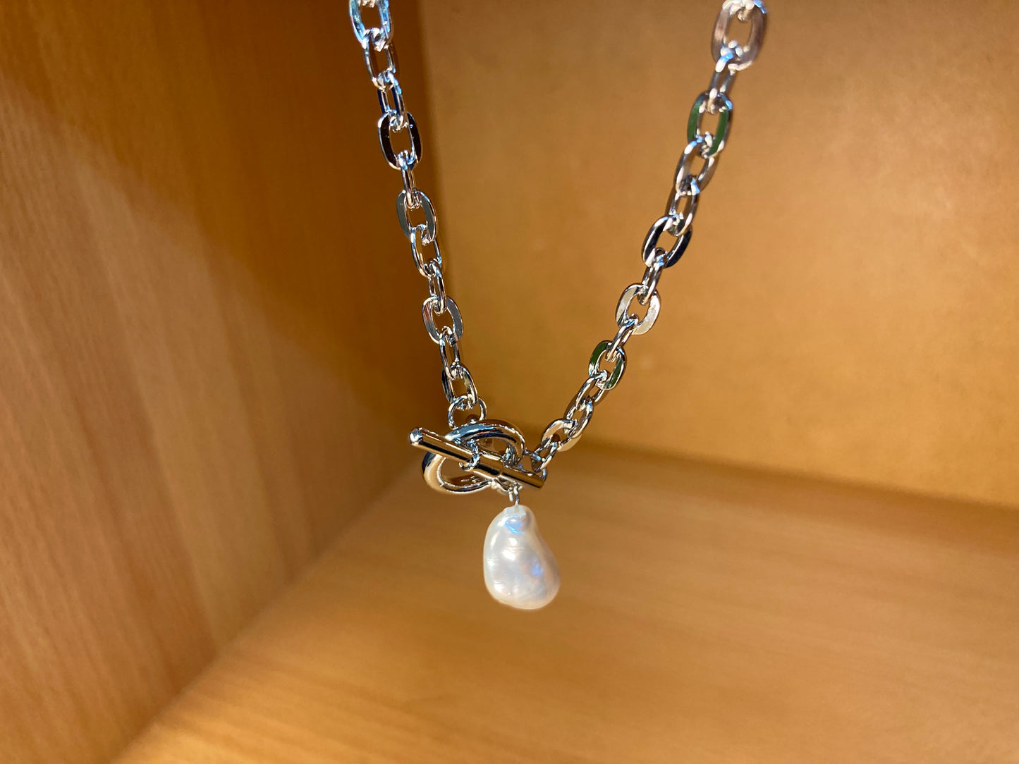 Tiny Treasures Seoul - Toggle Pearl Chain Necklace (16K White Gold Plated, Brass, Imitation Pearl)