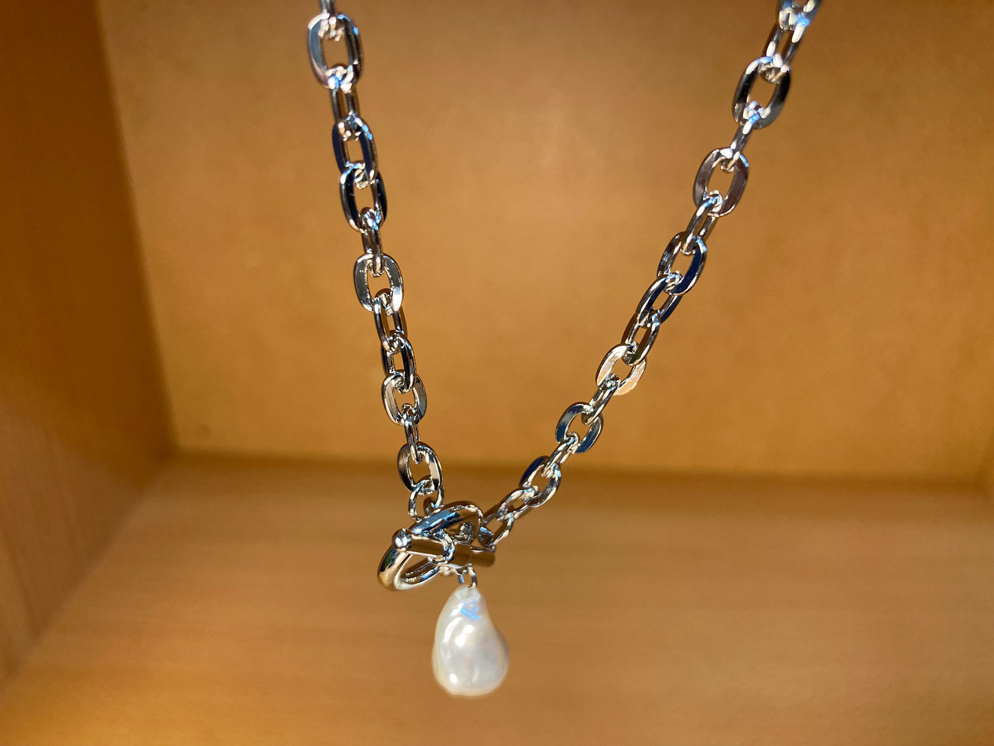 Tiny Treasures Seoul - Toggle Pearl Chain Necklace (16K White Gold Plated, Brass, Imitation Pearl)