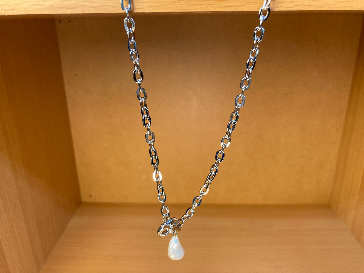 Tiny Treasures Seoul - Toggle Pearl Chain Necklace (16K White Gold Plated, Brass, Imitation Pearl)
