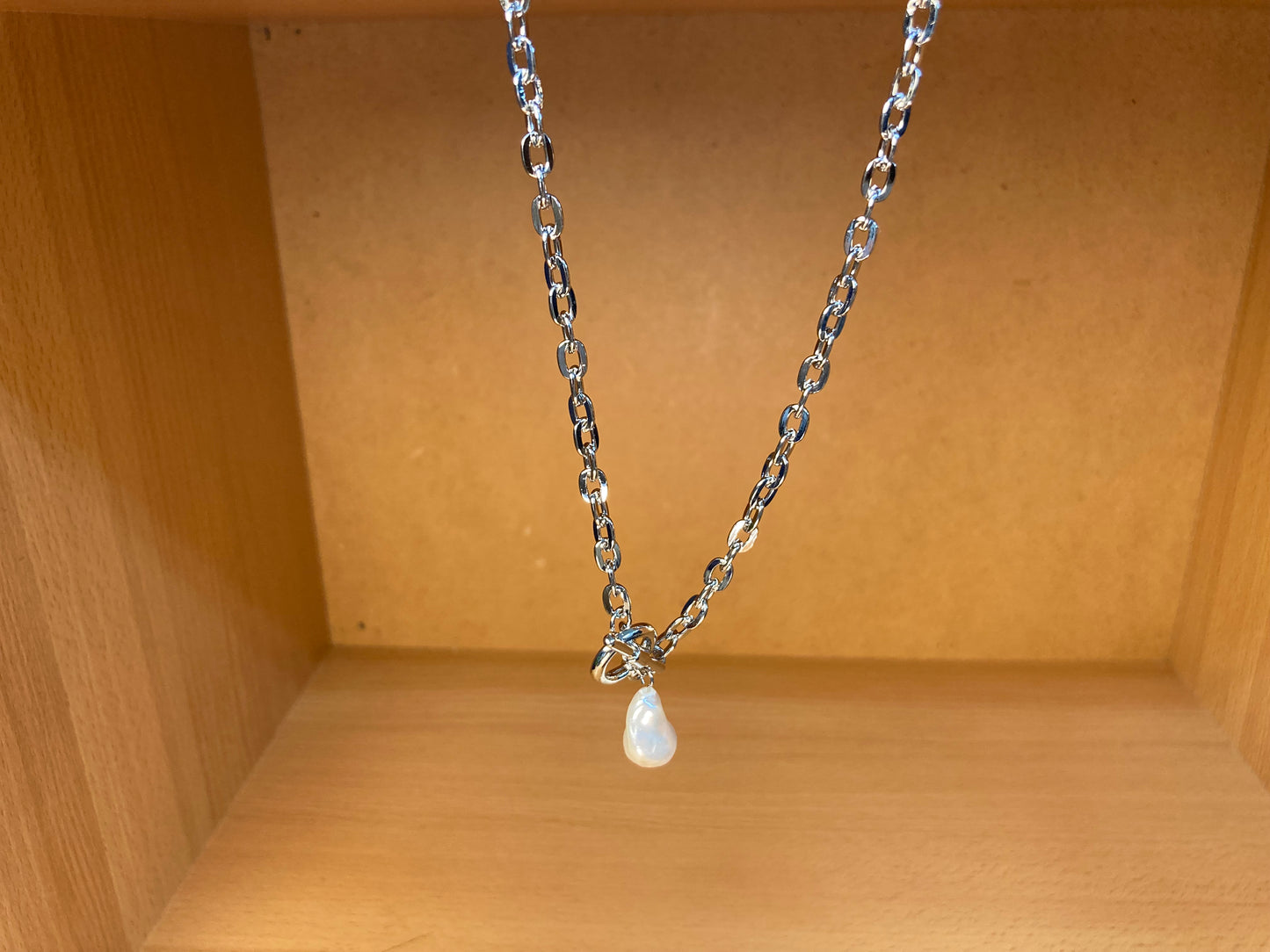 Tiny Treasures Seoul - Toggle Pearl Chain Necklace (16K White Gold Plated, Brass, Imitation Pearl)