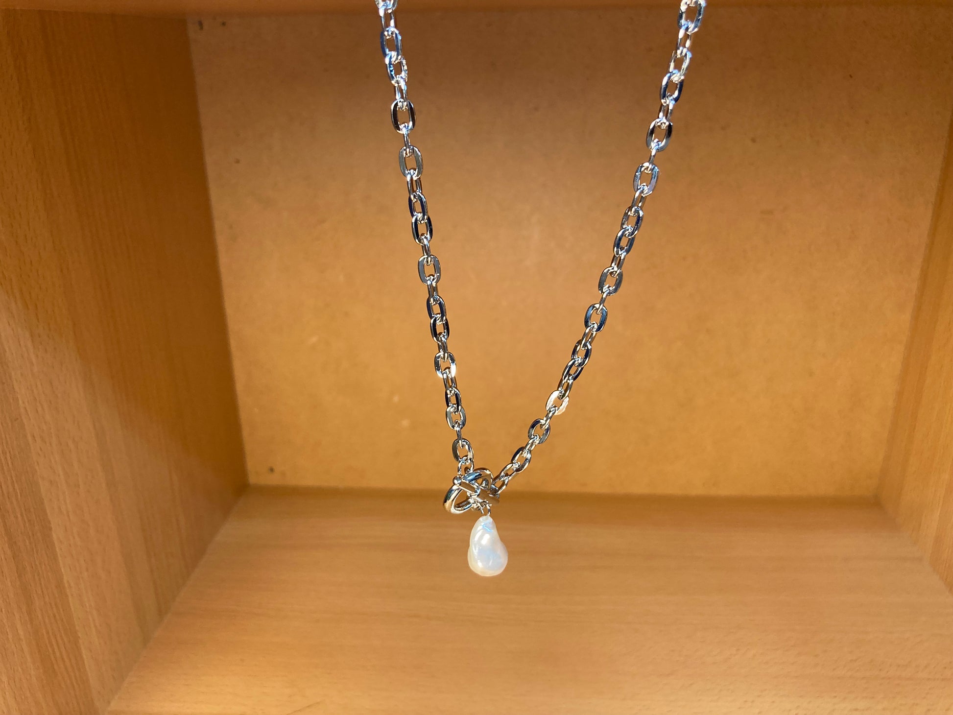 Tiny Treasures Seoul - Toggle Pearl Chain Necklace (16K White Gold Plated, Brass, Imitation Pearl)