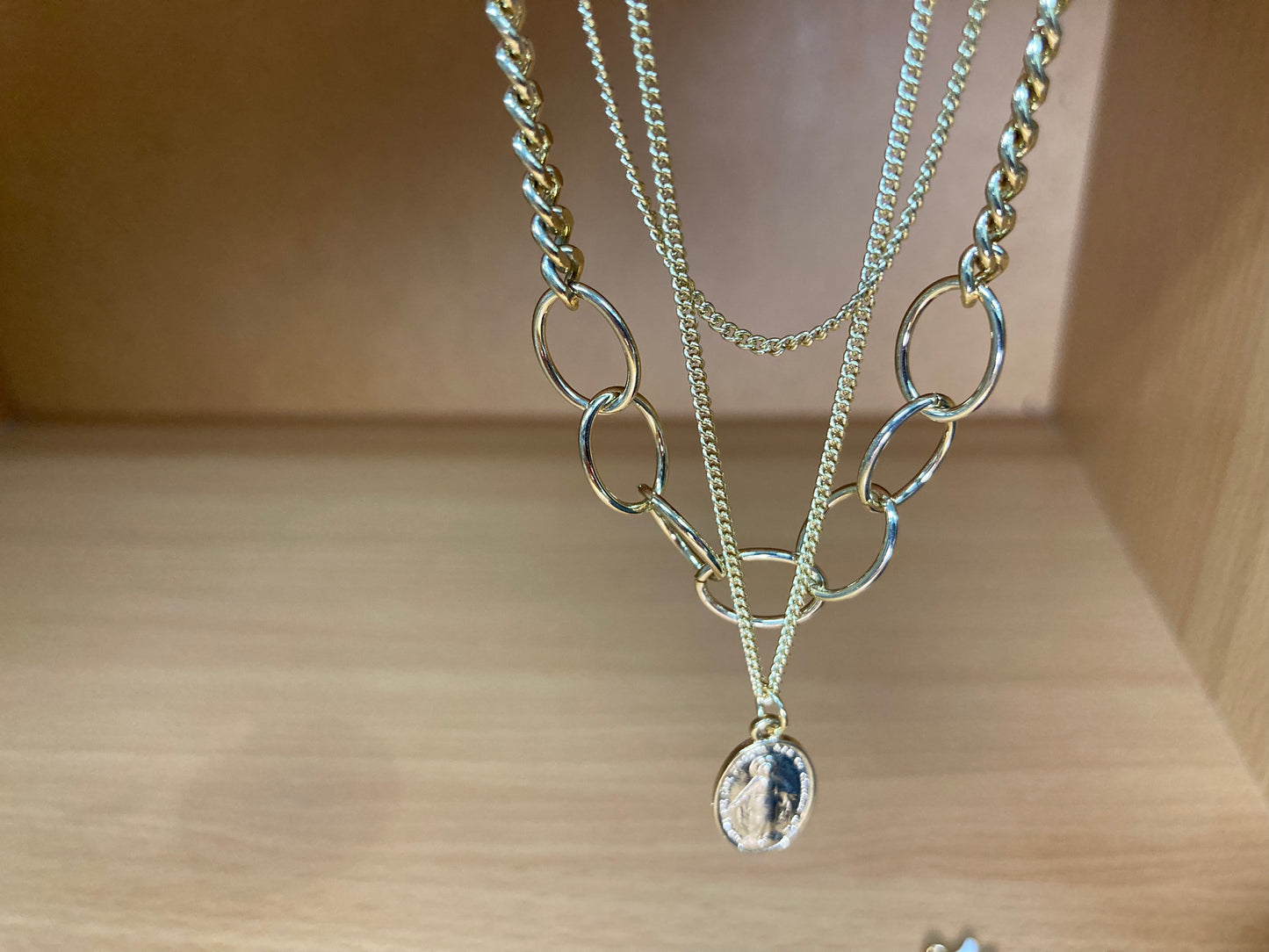 Tiny Treasures Seoul - Triple Chain Oval Medallion Choker Necklace