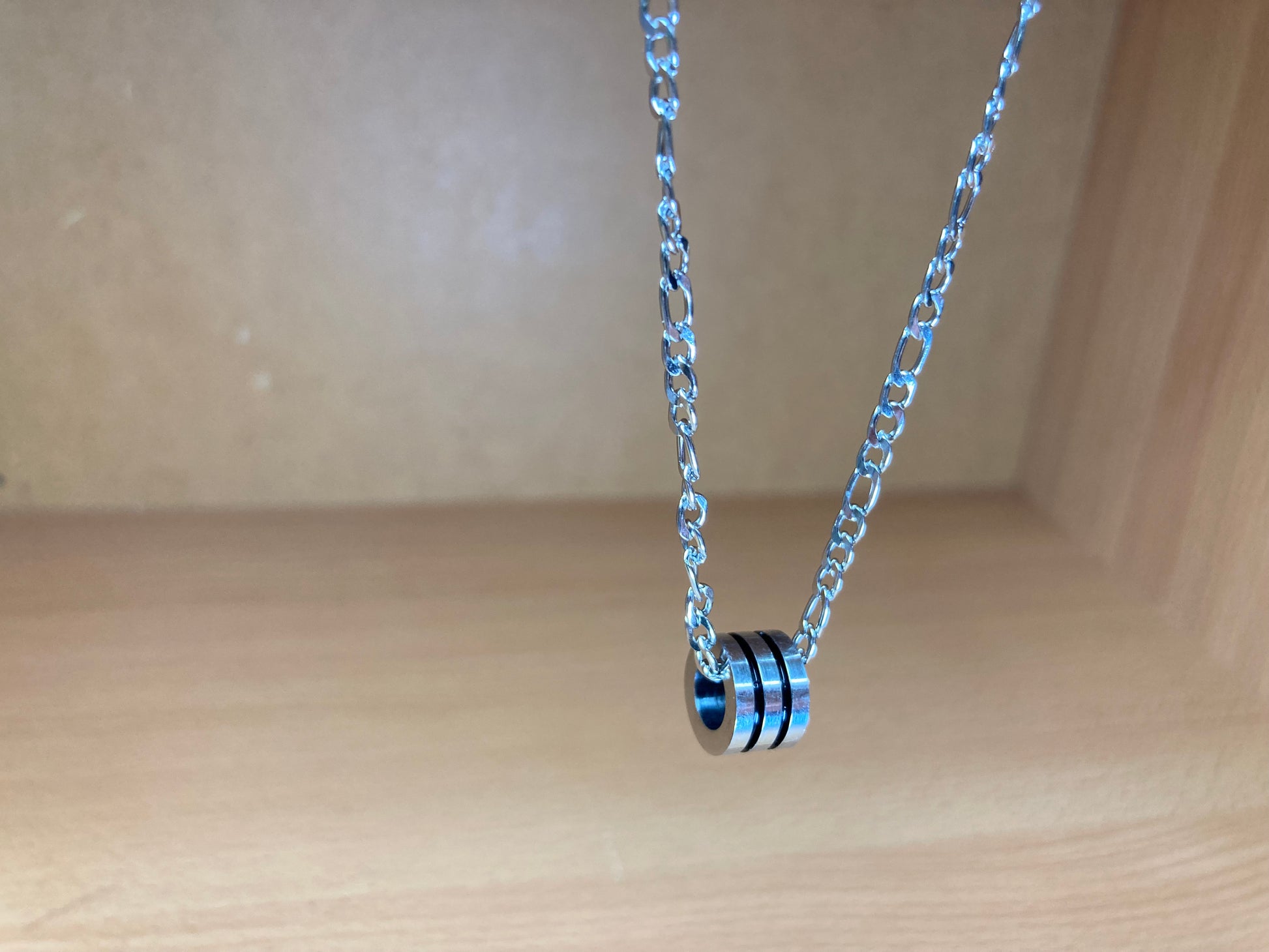 Tiny Treasures Seoul - Triple Line Ring Pendant Figaro Chain Necklace (Surgical Steel) Side View 2