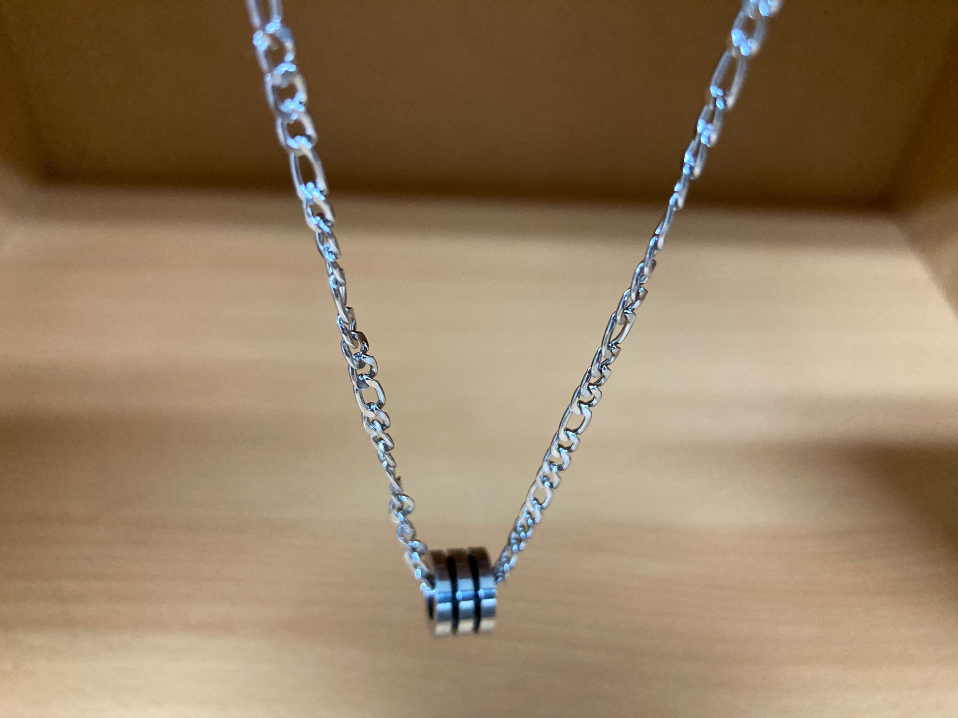Tiny Treasures Seoul - Triple Line Ring Pendant Figaro Chain Necklace (Surgical Steel) Top View 3