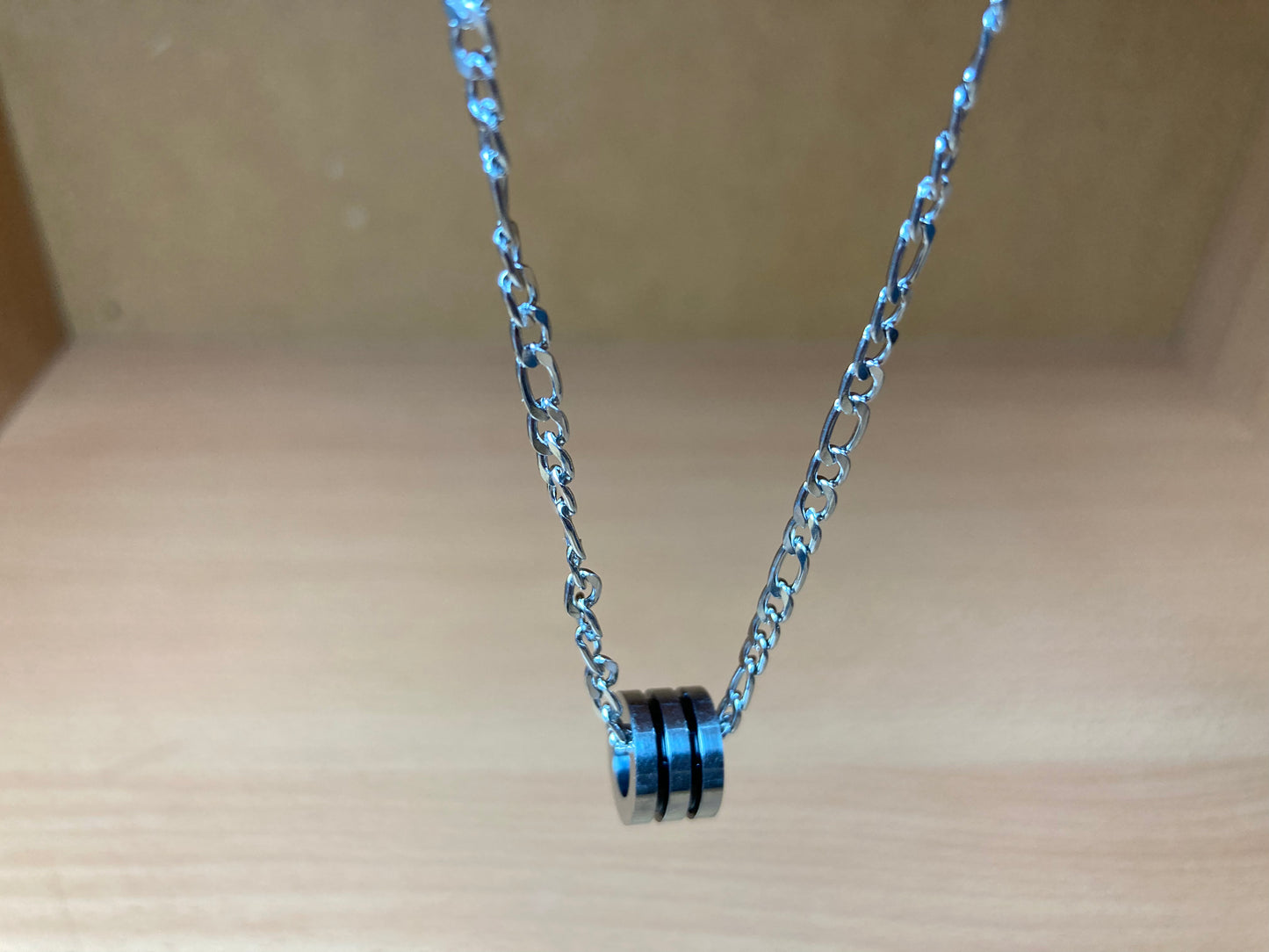 Tiny Treasures Seoul - Triple Line Ring Pendant Figaro Chain Necklace (Surgical Steel) Front View 5