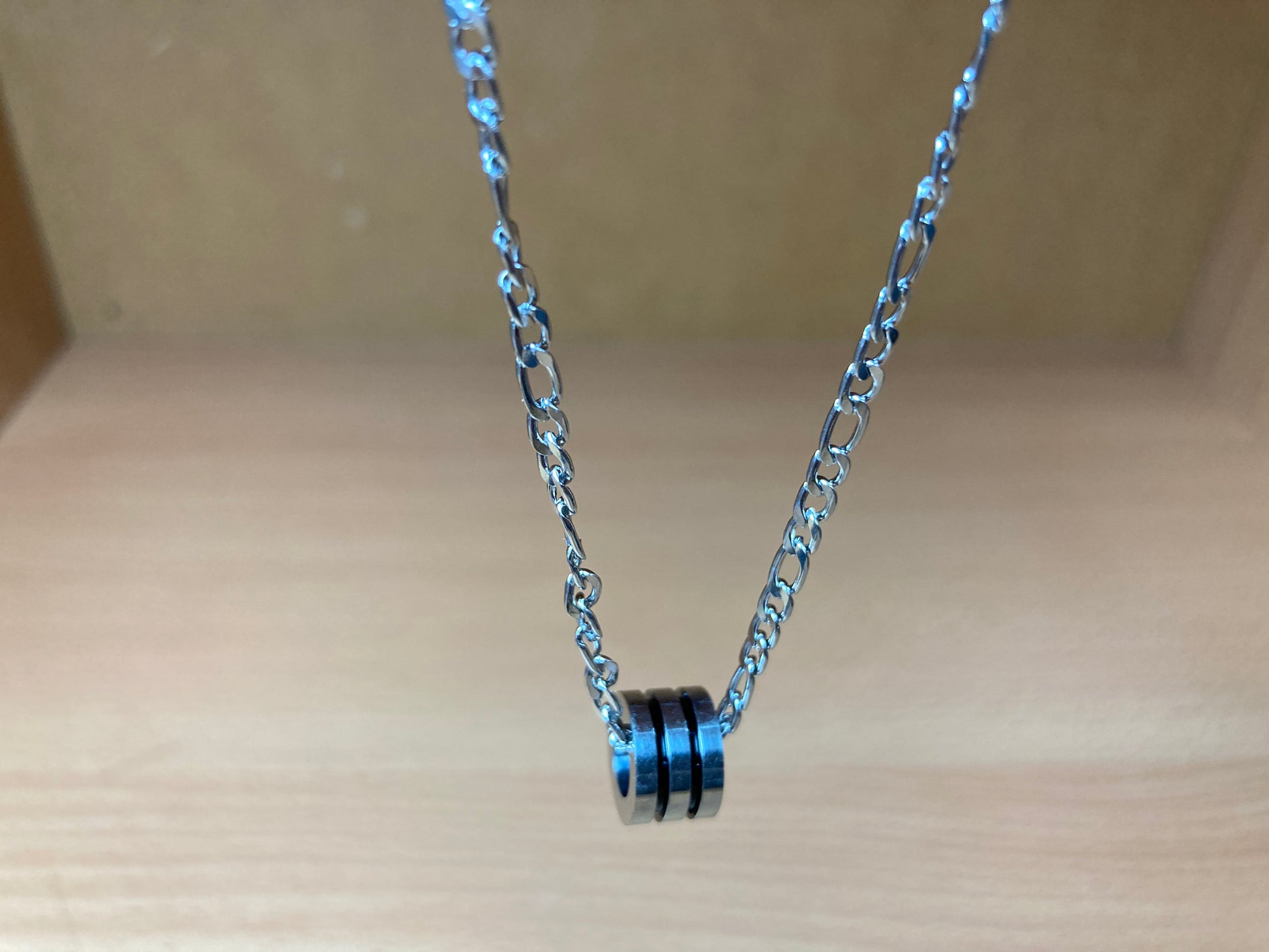 Tiny Treasures Seoul - Triple Line Ring Pendant Figaro Chain Necklace (Surgical Steel) Front View 5