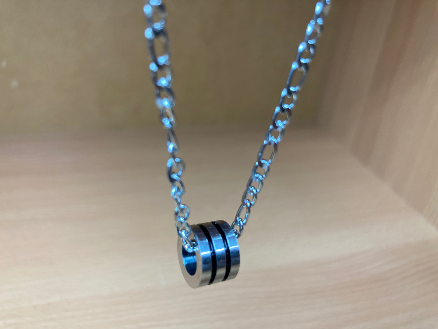 Tiny Treasures Seoul - Triple Line Ring Pendant Figaro Chain Necklace (Surgical Steel) Side View 5