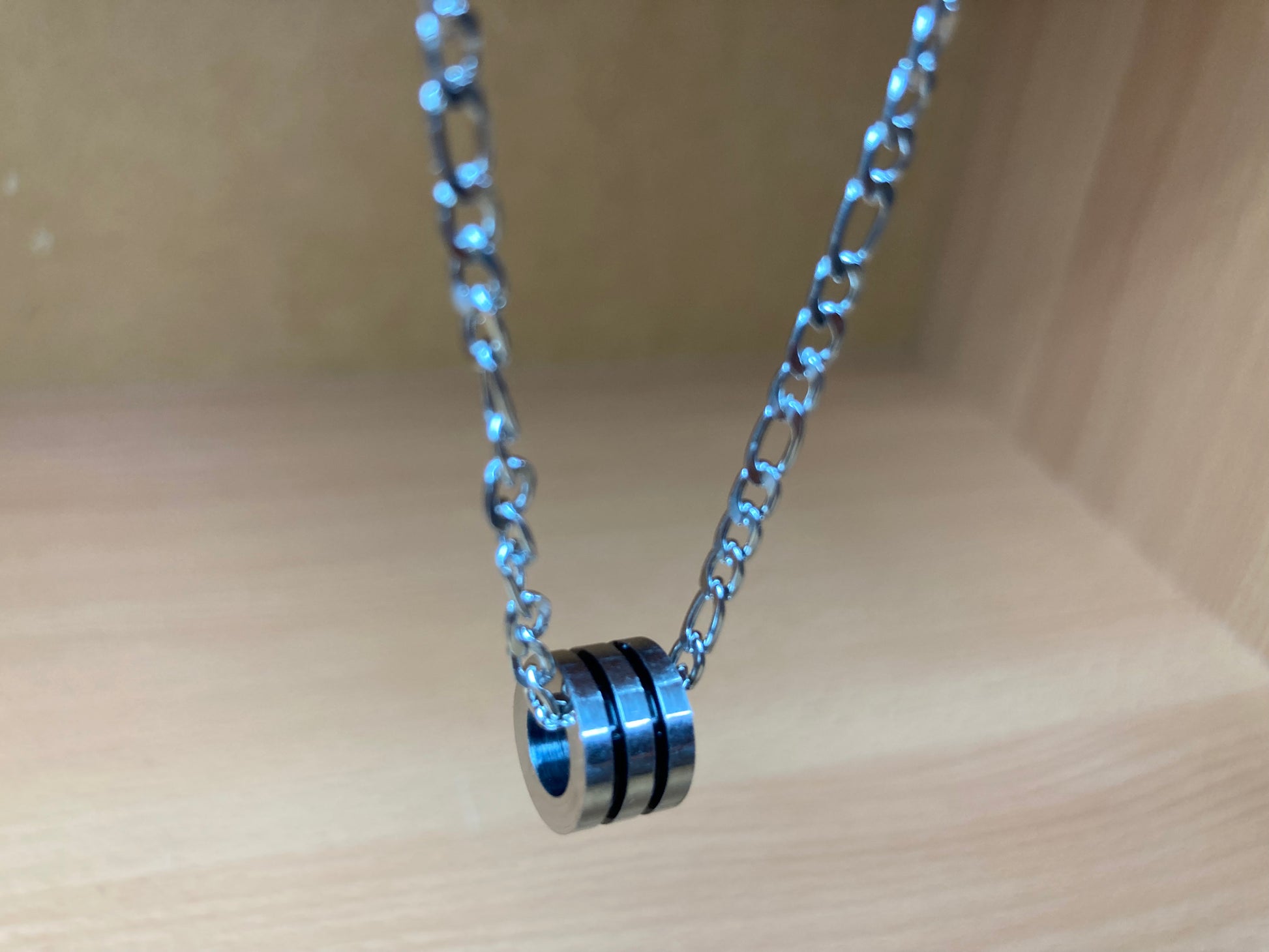 Tiny Treasures Seoul - Triple Line Ring Pendant Figaro Chain Necklace (Surgical Steel) Side View 5