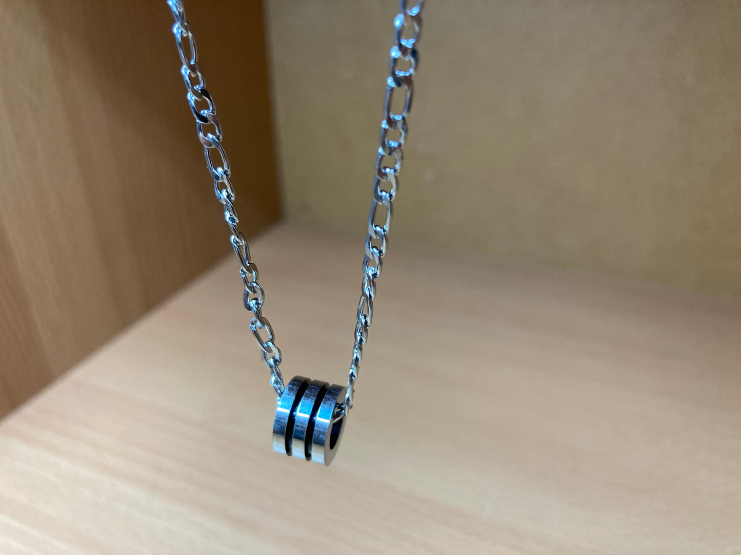 Tiny Treasures Seoul - Triple Line Ring Pendant Figaro Chain Necklace (Surgical Steel) Side View 6