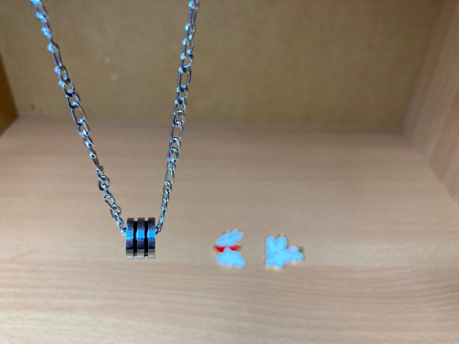 Tiny Treasures Seoul - Triple Line Ring Pendant Figaro Chain Necklace (Surgical Steel) Front View 6