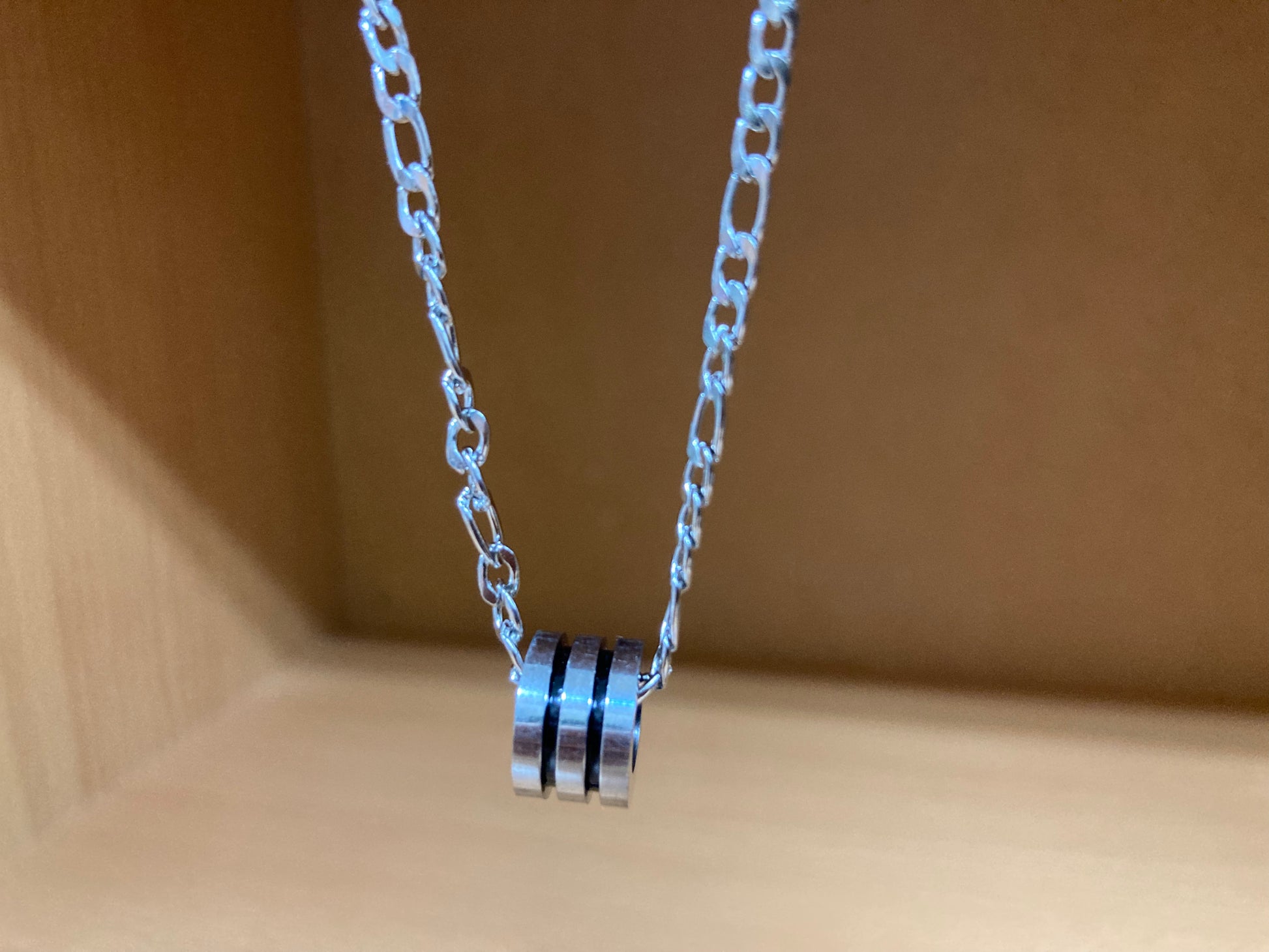 Tiny Treasures Seoul - Triple Line Ring Pendant Figaro Chain Necklace (Surgical Steel) Close up View 7