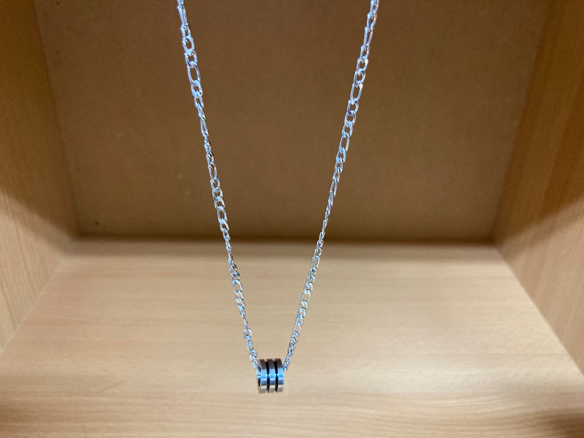 Tiny Treasures Seoul - Triple Line Ring Pendant Figaro Chain Necklace (Surgical Steel) Front View 8
