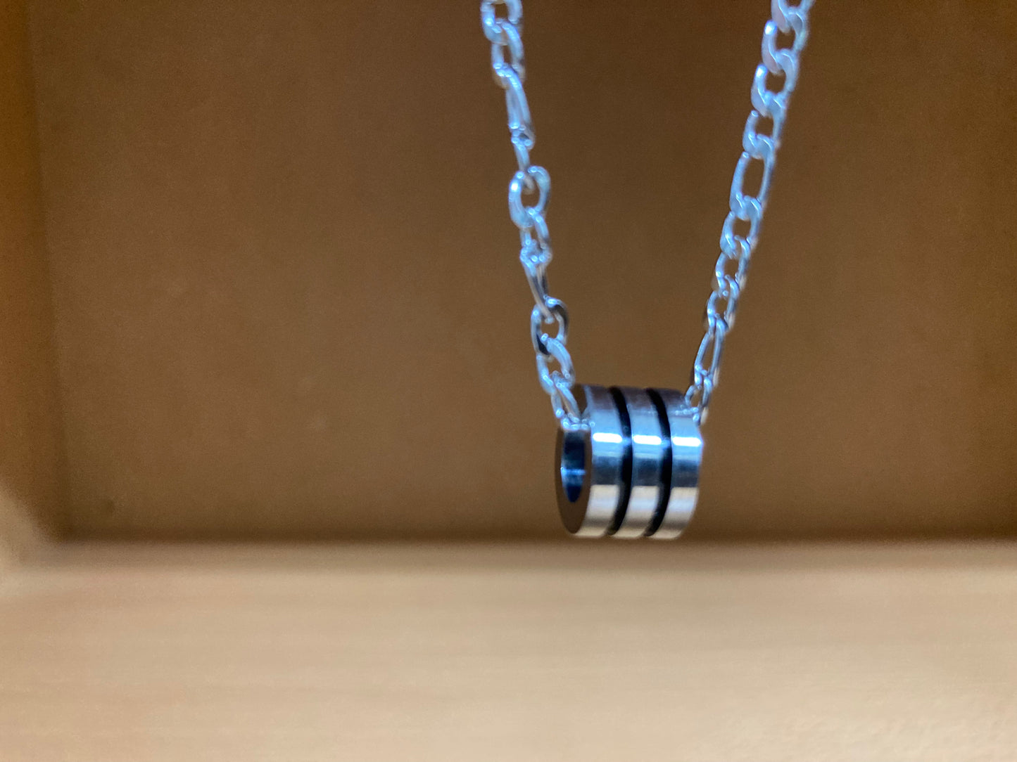 Tiny Treasures Seoul - Triple Line Ring Pendant Figaro Chain Necklace (Surgical Steel) Close up View
