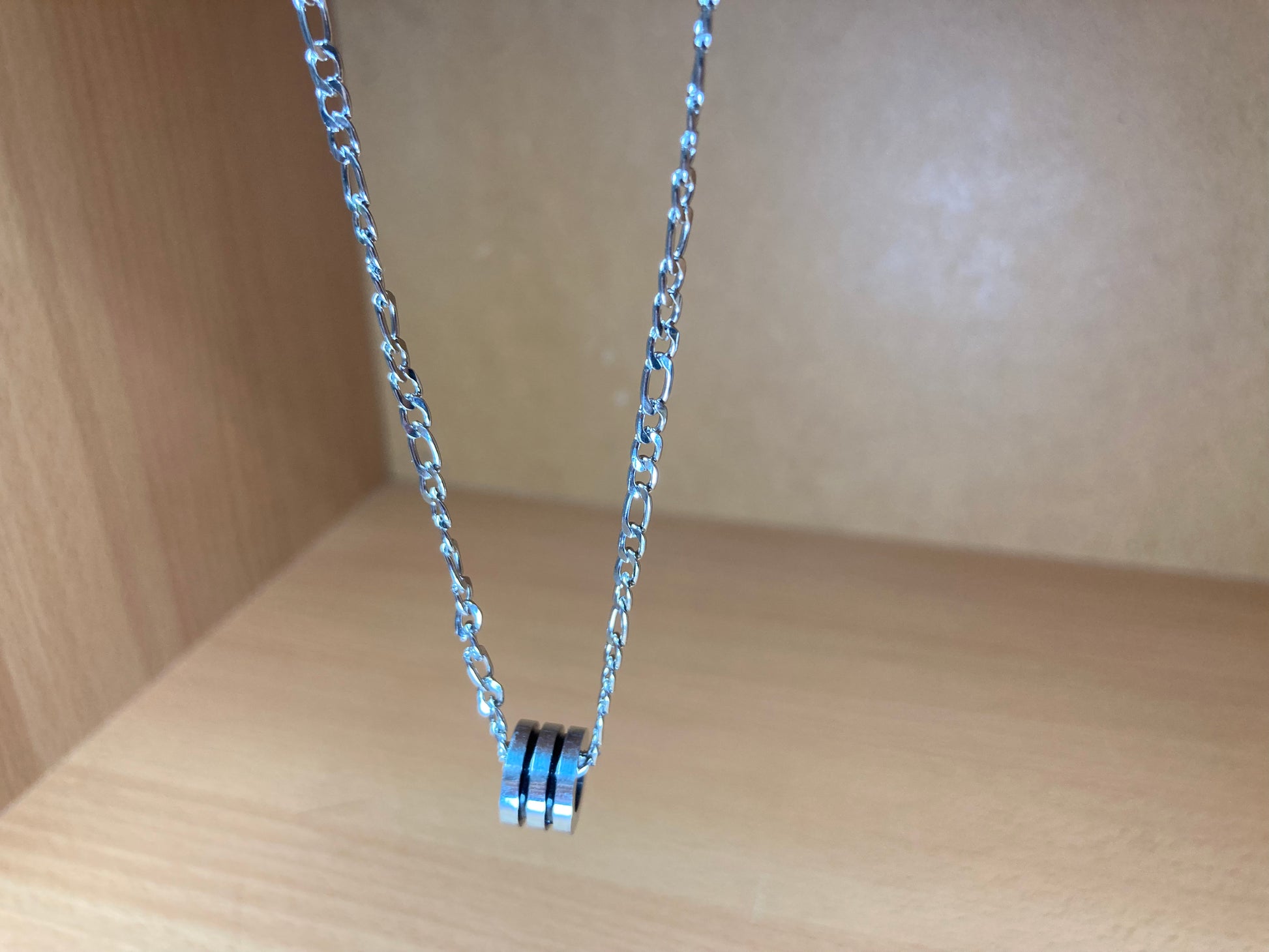 Tiny Treasures Seoul - Triple Line Ring Pendant Figaro Chain Necklace (Surgical Steel) Top View