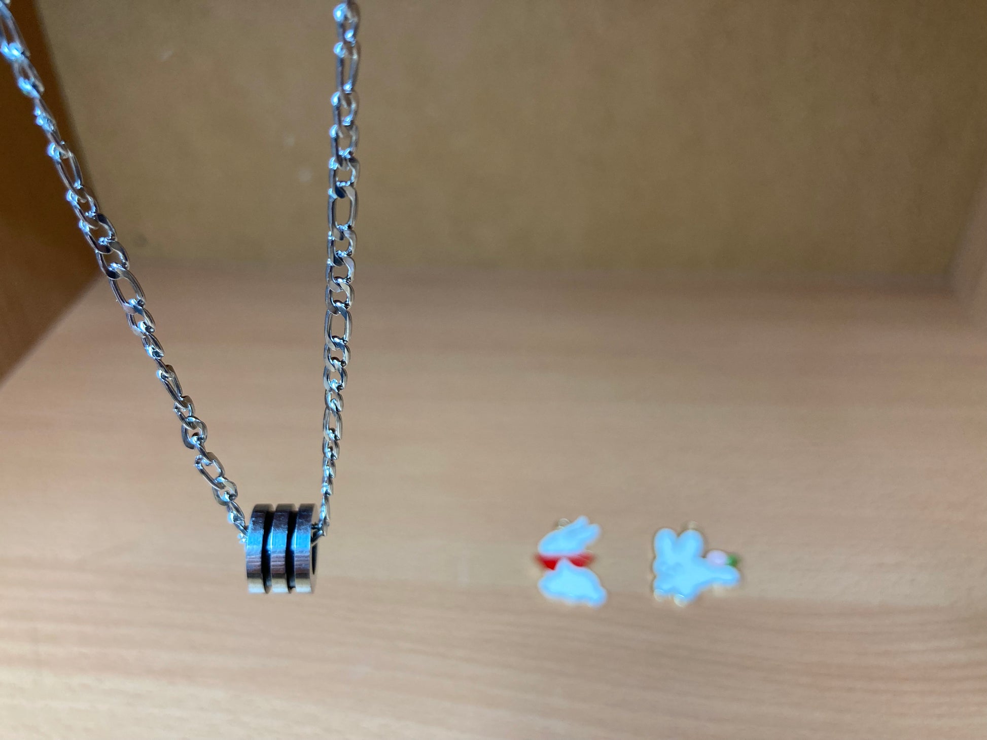 Tiny Treasures Seoul - Triple Line Ring Pendant Figaro Chain Necklace (Surgical Steel) Close up View 2