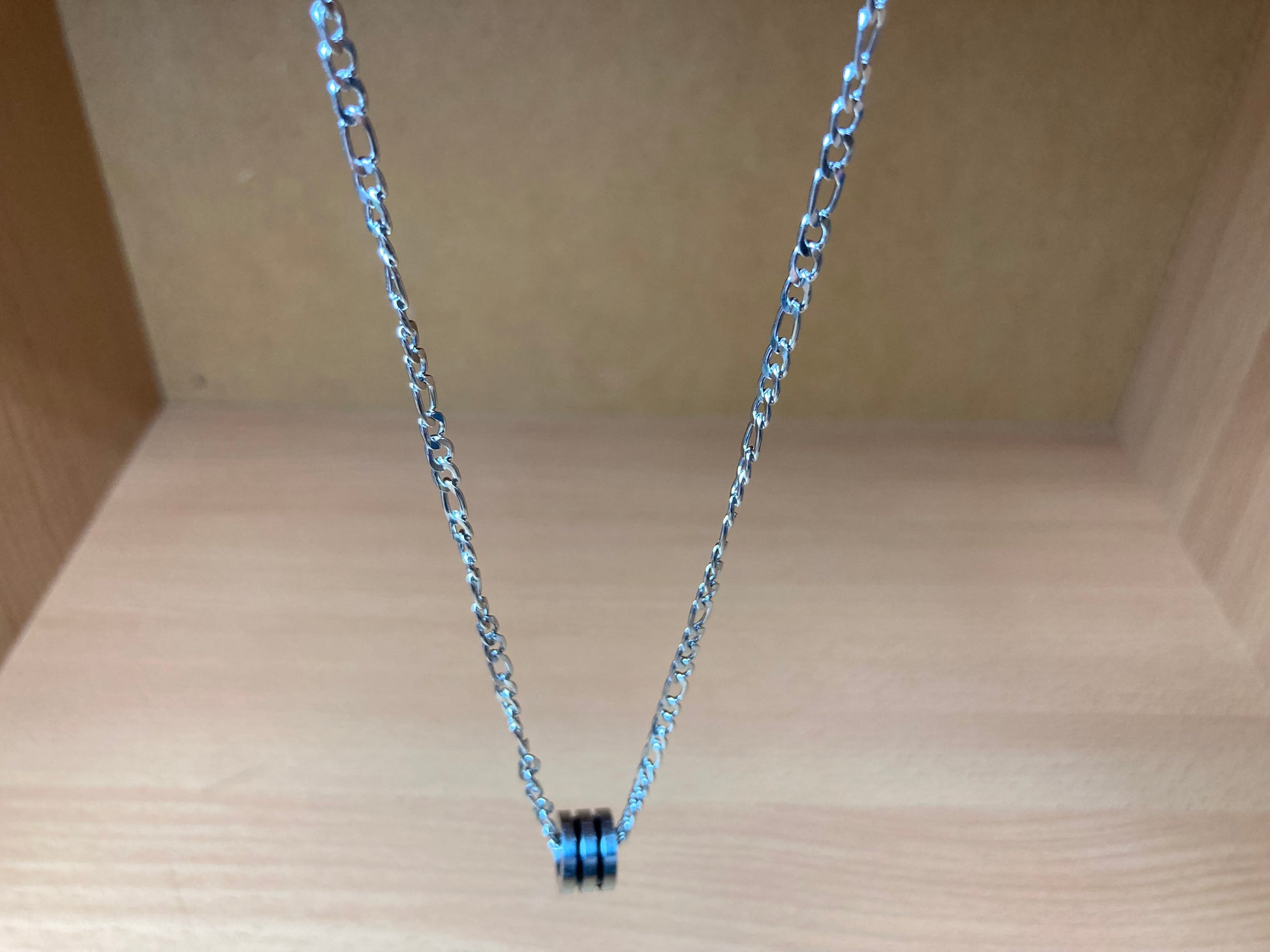 Tiny Treasures Seoul - Triple Line Ring Pendant Figaro Chain Necklace (Surgical Steel) Top View 2