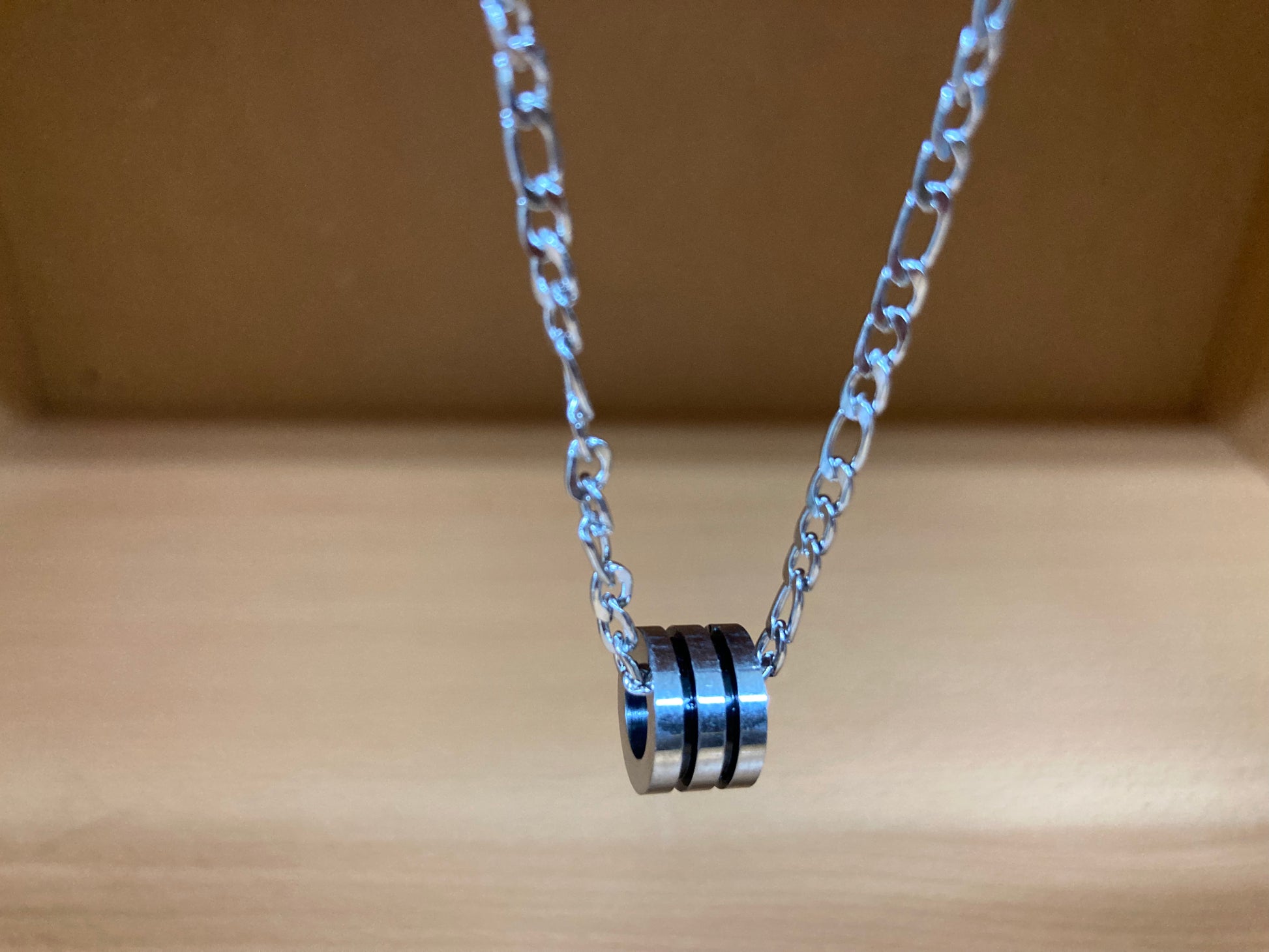 Tiny Treasures Seoul - Triple Line Ring Pendant Figaro Chain Necklace (Surgical Steel) Close up View 3
