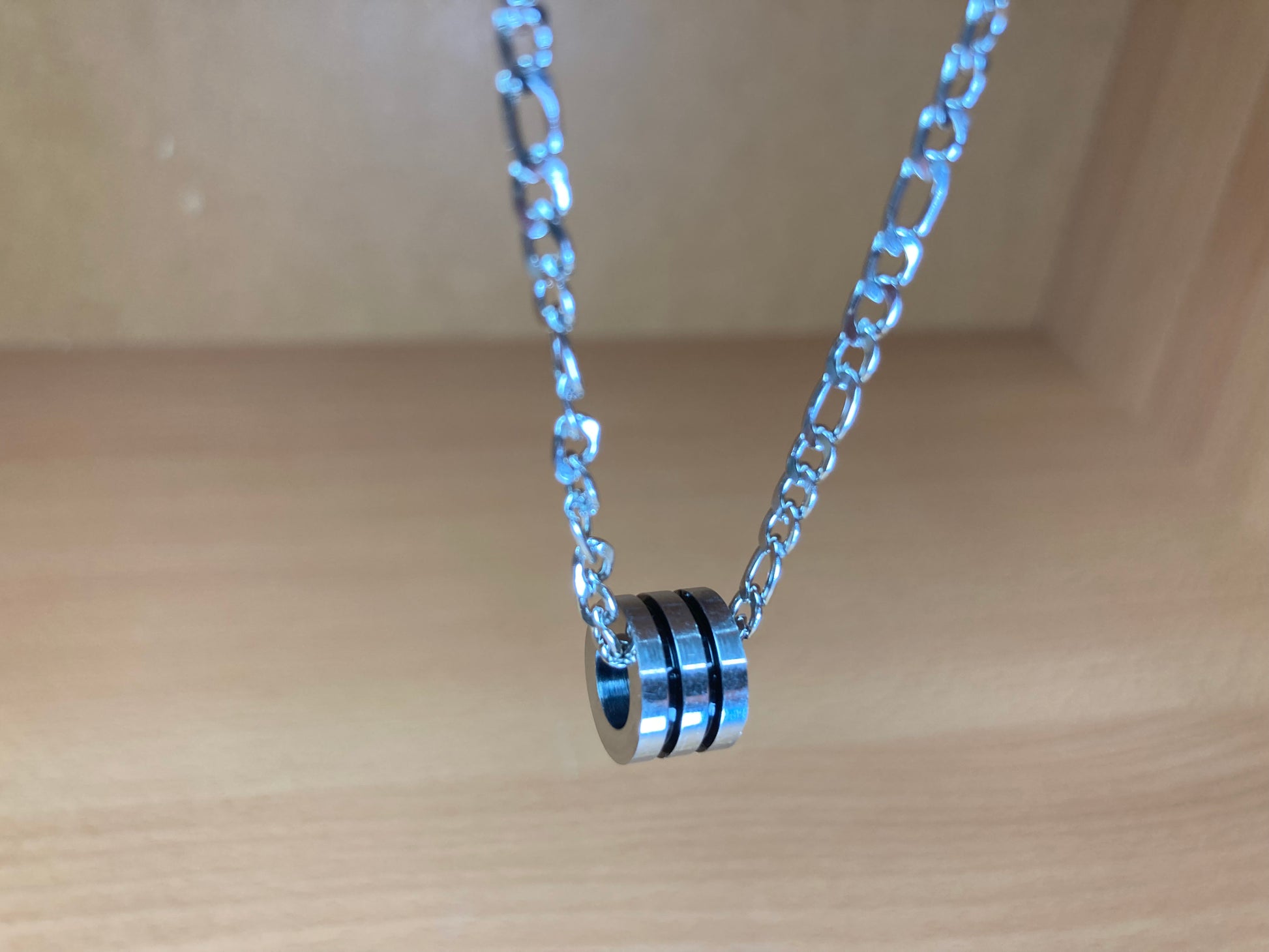 Tiny Treasures Seoul - Triple Line Ring Pendant Figaro Chain Necklace (Surgical Steel) Side View