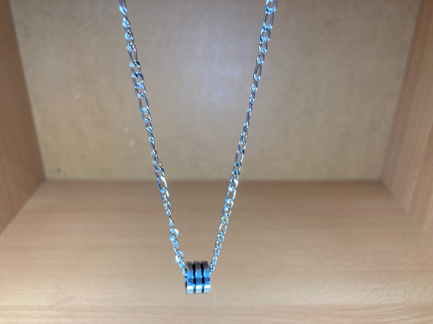 Tiny Treasures Seoul - Triple Line Ring Pendant Figaro Chain Necklace (Surgical Steel) Front View 9