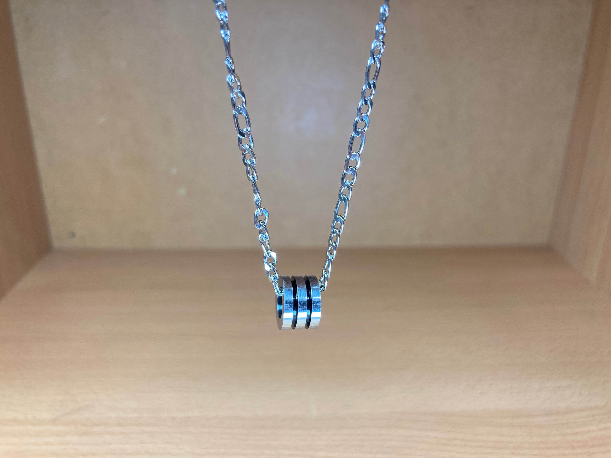 Tiny Treasures Seoul - Triple Line Ring Pendant Figaro Chain Necklace (Surgical Steel) Front View 10